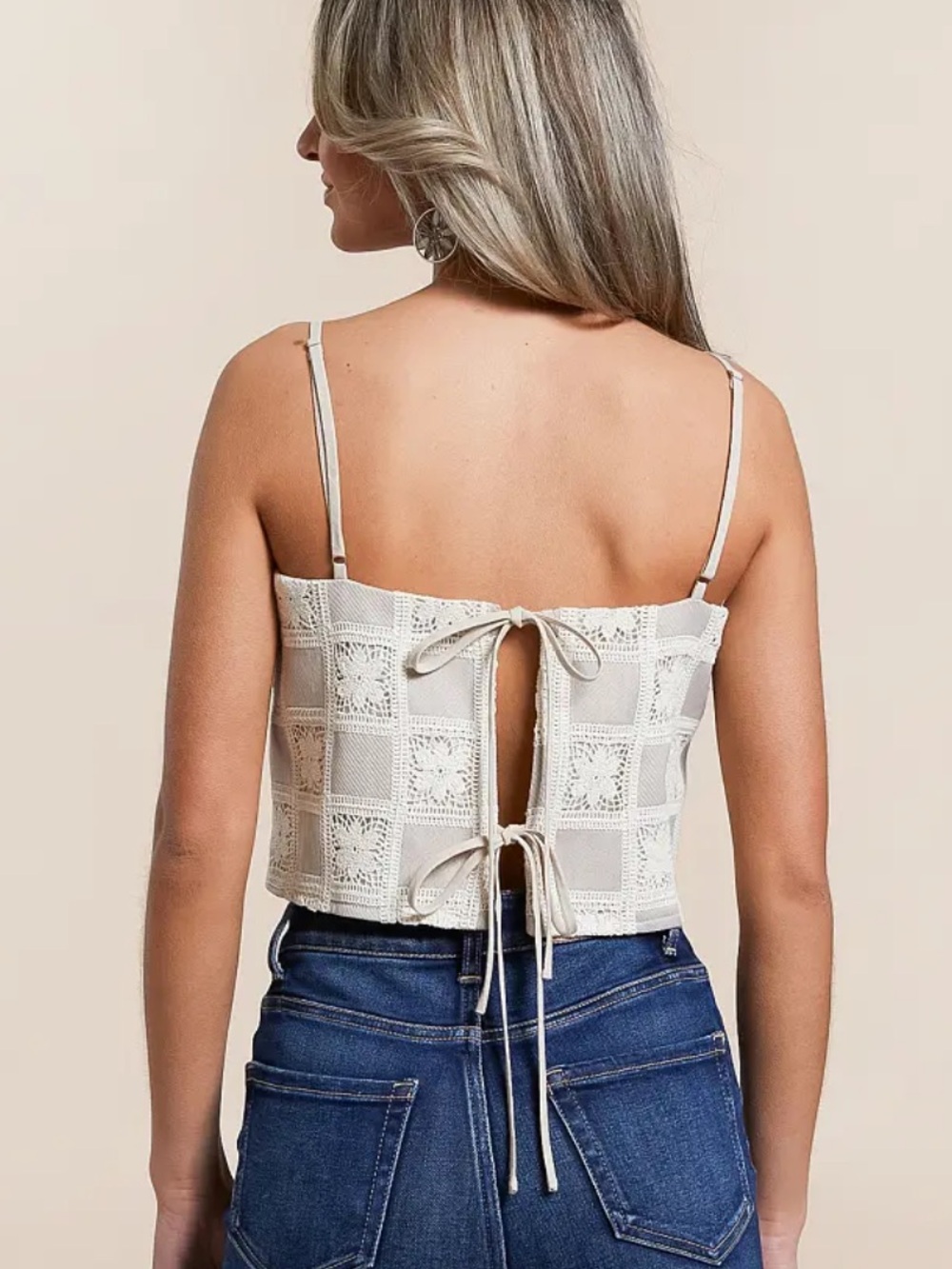 Emory Park Checker Floral Crochet Cropped Tank Top With Adjustable Straps Sz M - Picture 2 of 14